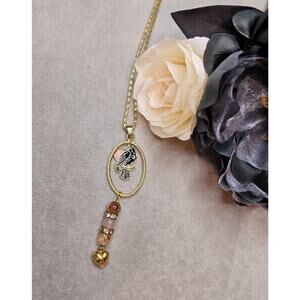 Gold chain and pendent Crow with Roses Celestial Moon Stars Rose quartz